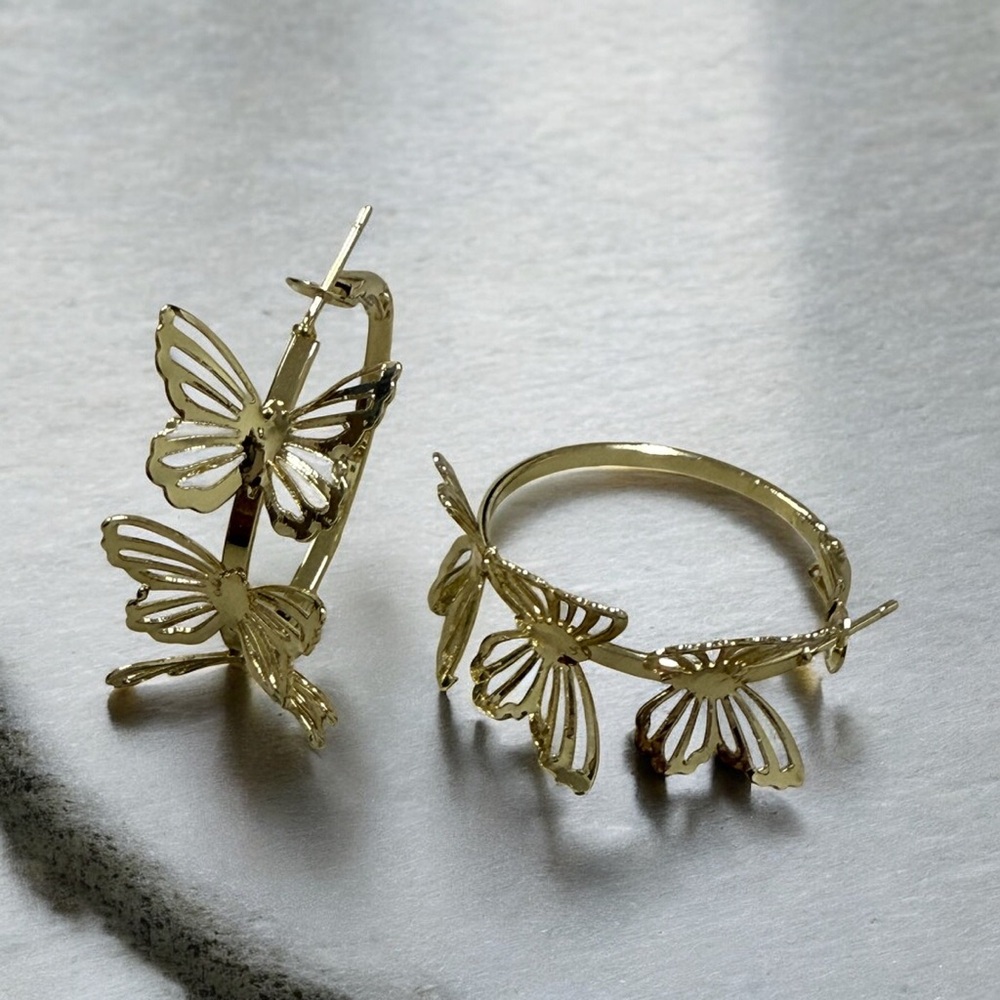 14k Gold Electroplated Butterfly Theme Hoop Lever Back Earrings
